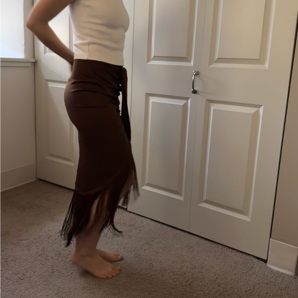 Sleek Brown Fringe Wrap Midi Skirt